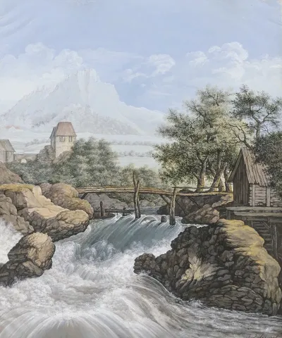 Ein Reisender Bach Mit Einer Brucke Und Blick In Ein Tal 2