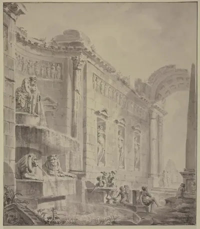 Ein Romisches Prachtgebaude Mit Einem Brunnen An Welchem Ein Flusgott Und Zwei Lowen Wasser Ausgiesen