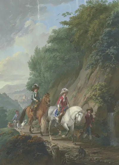 Ein Rotgekleideter Kavalier Auf Einem Schimmel Mit Gefolge Reitet Auf Einem Steilen Bergweg Uber Eine Holzbrucke Bei Einem Wasserfall