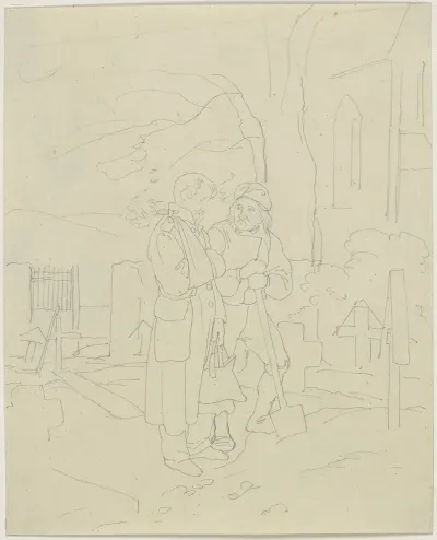 Ein Soldat Mit Dem Arm In Einer Schlinge Auf Dem Friedhof Im Gesprach Mit Einem Totengraber 2