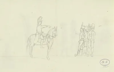 Ein Soldat Zu Pferde Und Drei Stehende Soldaten In Verschiedenen Uniformen
