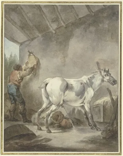 Ein Stallender Schimmel Mit Einem Bauern Der Einen Sattel Aufhangt