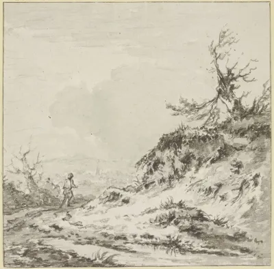 Ein Wanderer Auf Einem Wege An Abgerissenem Terrain Auf Welchem Ein Verkruppelter Baum Steht