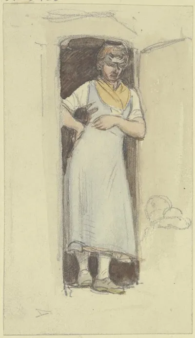 Eine Bauerin Mit Blauem Kleid Und Gelbem Halstuch Steht In Einer Tur
