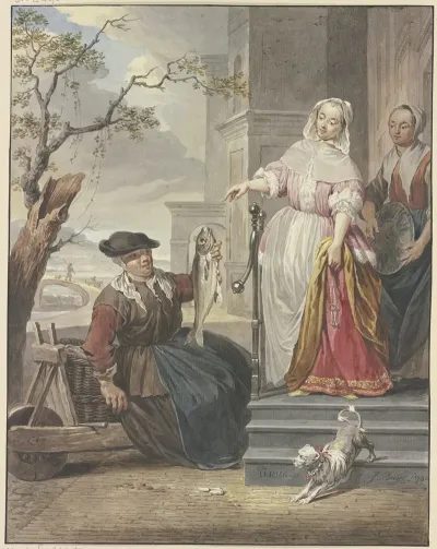 Eine Dame Steht Mit Ihrer Magd Vor Ihrem Haus Und Handelt Mit Einer Fischverkauferin