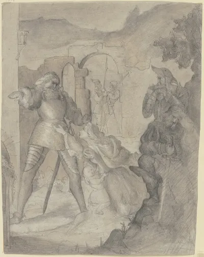 Eine Frau Mit Einem Kinde Kniet Flehend Vor Einem Ritter Daneben Andere Ritter Und Eine Burg
