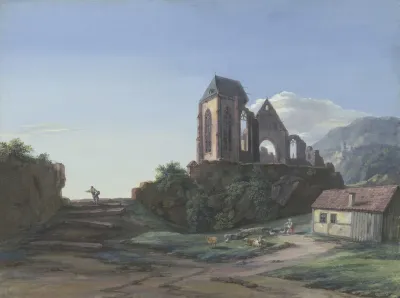 Eine Gotische Kirchenruine Im Hintergrund Eine Burg Vorne Bei Einer Hutte Schafe Eine Ziege Und Ein Kind Das Huhner Futtert Links Ein Mann Mit Einem Korb