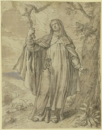 Eine Heilige Nonne Halt Das Kruzifix In Der Hand Der Heilige Geist Schwebt Uber Ihr Rechts Ein Baum