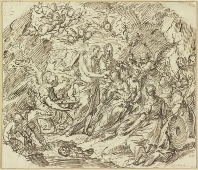 Eine Heilige Wird Von Maria Mit Blumen Gekront Und Bekommt Von Christus Die Hostie Eine Engelschar Umgibt Die Gruppe