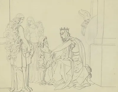 Eine Konigin Halt Mit Beiden Handen Einen Kleinen Vor Ihr Stehenden Prinzen An Beiden Armen Fest Dabei Stehen Zwei Frauen Und Hinter Einer Saule Ein Ritter
