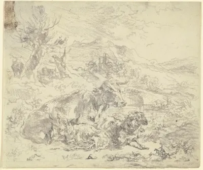 Eine Kuh Eine Ziege Und Ein Schaf Beieinander In Einer Bergigen Landschaft Liegend