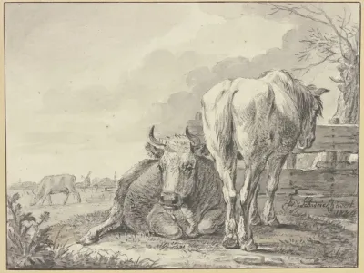 Eine Kuh Und Ein Pferd An Einem Bretterzaun
