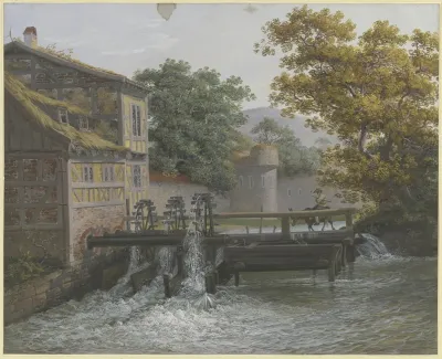 Eine Muhle Mit Drei Gangen Auf Der Brucke Ein Mann Auf Einem Esel
