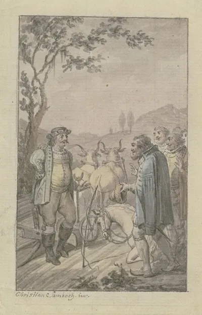 Einem Pflugenden Mann Mit Einem Ochsengespann Nahert Sich Eine Gruppe Von Barhauptigen Mannern Bei Ihnen Kniet Ein Pferd