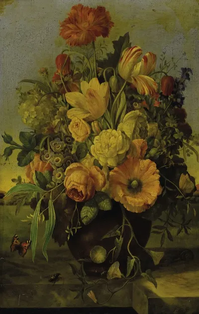 Elaborate Floral Bouquet On A Marble Ledge With A Landscape Beyond
