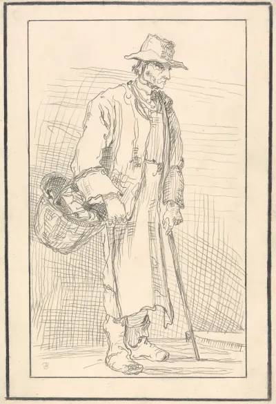 Elderly Figure With A Basket And Cane