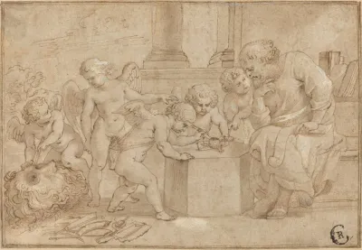 Elderly Man Watching Putti Dissect An Eye