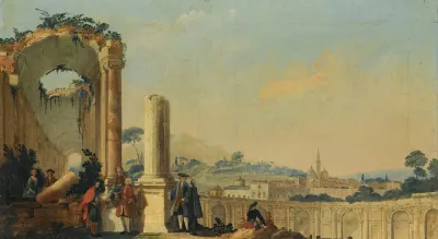 Elegant Figures Conversing Beneath Ruins A Hill Town With A Tall Spire Beyond