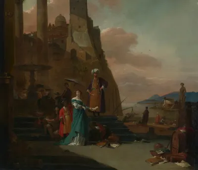 Elegant Figures Including A Man In Turkish Dress On The Quay Of A Mediterranean Port