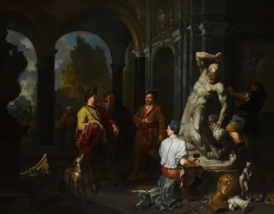 Elegant Figures Overseeing Sculptors Working On A Statue Of Hercules And Anateus In A Palace Courtyard