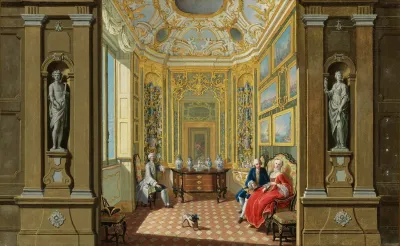 Elegant Figures Seated In The Picture And Porcelain Cabinet Of A Palace
