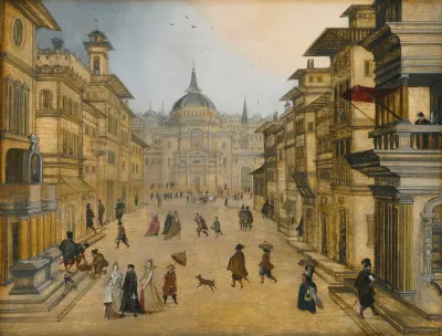 Elegant Figures Strolling In A Renaissance Town