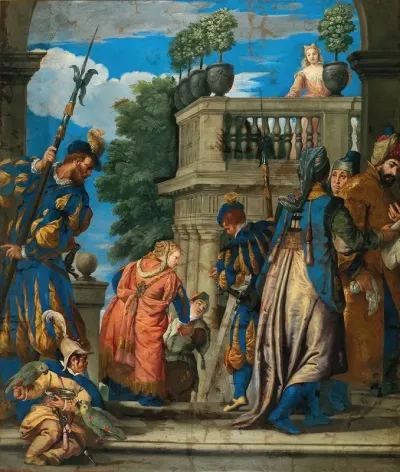 Elegant Figures With Halberdiers Near A Loggia