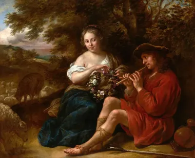 Elegant Shepherdess Listening To A Shepherd Playing The Recorder In An Arcadian Landscape