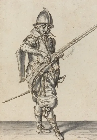 Elegantly Dressed Soldier Preparing To Fire His Caliver
