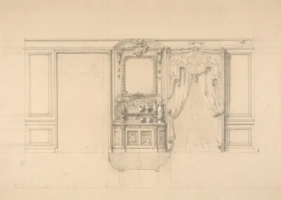 Elevation Of A Dining Room With A Carved Buffet And Window Draperies