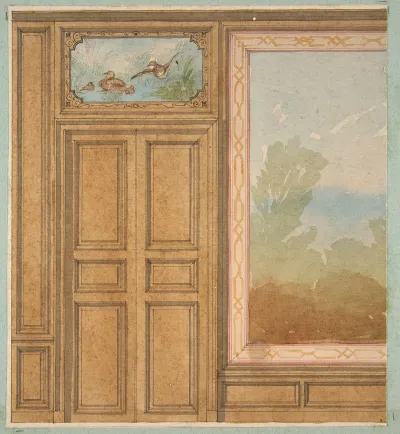 Elevation Of A Paneled Wall With A Mural Or Tapestry And A Double Doors Surmounted By A Painting Of Ducks