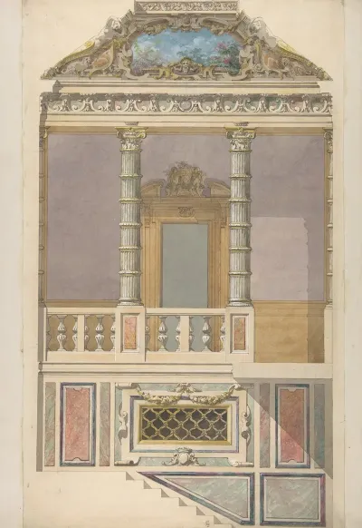 Elevation Of An Italianate Interior Including Steps And An Upper Loggia Decorated In Composite Columns