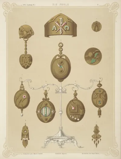 Eleven Designs For Jewelry Including Some Gold Brooches Displayed On Wrought Silver Stand