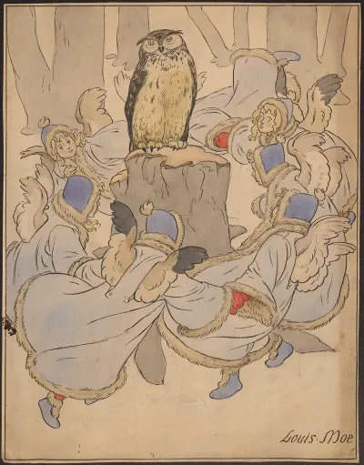 Elves Or Angels In Winter Clothes Dance Around An Owl On A Tree Stump