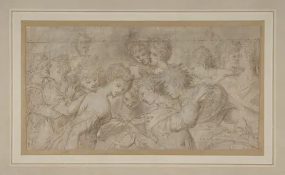 Embracing Female Figures Some Holding Musical Scores