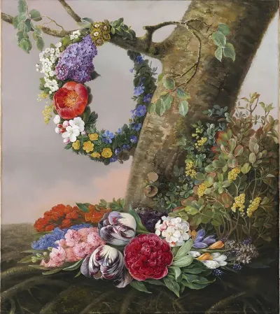 En Buket Blomster Ved Foden Af Et Trae Pa En Gren Haenger En Blomsterkrans