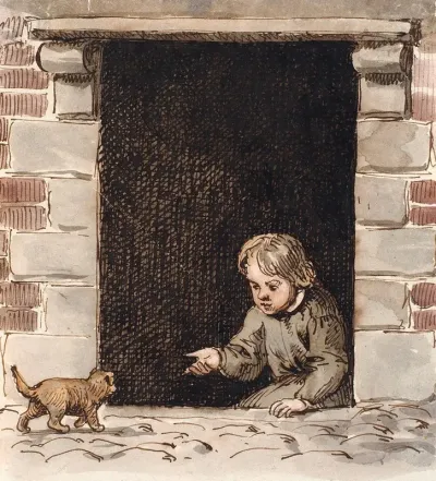 En Dreng Der Sidder I En Kaelderdor Lokker For En Hundehvalp