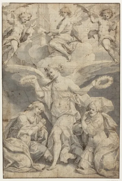 En Engel Kranser En Knaelende Kvinde Og En Knaelende Soldat Mens To Engle I Skyerne Kommer Flyvende Med Palmegrene Og En Tredje Spiller Pa Orgel