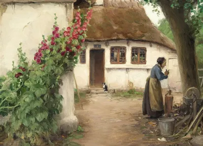En Kone Ved Et Bondehus Med Rode Stokroser