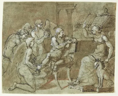 En Mandlig Helgen Vaskes Og Plejes Af Engle Mens Han Lytter Til En Kvindelig Helgen Der Sidder Foran En Laesepult Og Peger Opad Den Hlsebastian Hos Den Hlirene