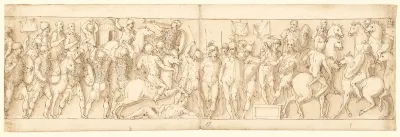 En Sarmatisk Landsby Odelaegges For Ojnene Af Kejseren Barbarer Ser Til Fra Et Podium Marcus Aurelius Til Hest Modtager En Germansk Rytter Med En Meddelelse
