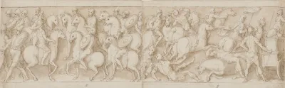 En Soldat Germanske Ryttere Fores Til Marcus Aurelius Pa Hesteryg Sarmaterne Drives Pa Flugt Af Romere Pabegyndelsen Af En Romersk March Med Dets Folge