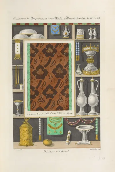 Encadrement De Page Presentant Divers Meubles Et Ustensiles De Toilette Du Xve Siecle