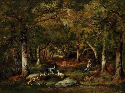 Enfant Et Chiens De Chasse En Foret