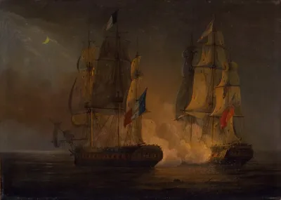 Engagement Between Hms Amelia And French Frigate Larethuse Off The Isles Of Loss 1813