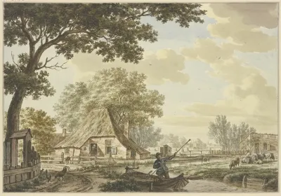 Enger Kanal Bei Einem Dorf Darauf Ein Mann In Einem Kahn Rechts Vieh Links Huhner