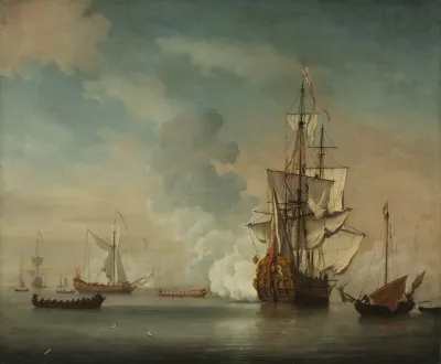 English Warship Firing A Salute