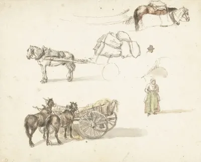 Enkele Studies Van Karren En Een Staande Boerin