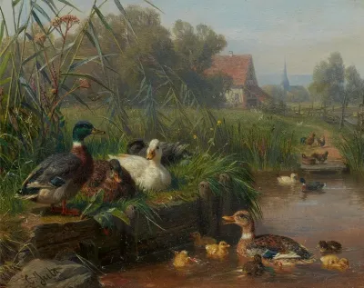 Enten Und Geflugel An Einem Wasserteich Mit Einem Gehoft Im Hintergrund