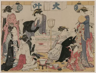 Entertainment On A Balcony By The Water At Nakasu From The Series A Collection Of Beautiful Modern Women Of The Pleasure Quarters